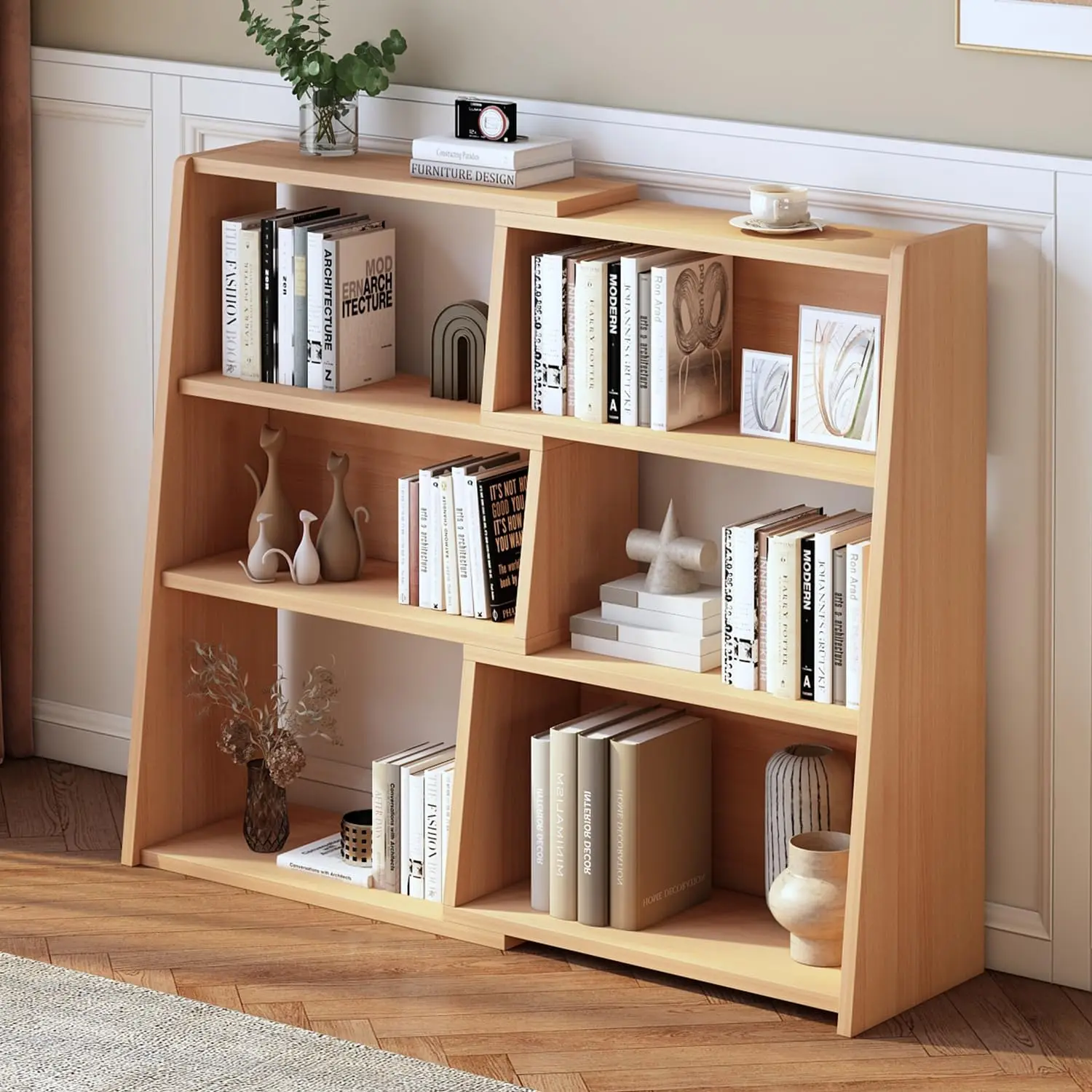 Wooden Extendable Shelf Bookcase - 3-Tier Ladder Low Short Bookshelf for Small Space or Corner, Oak, S