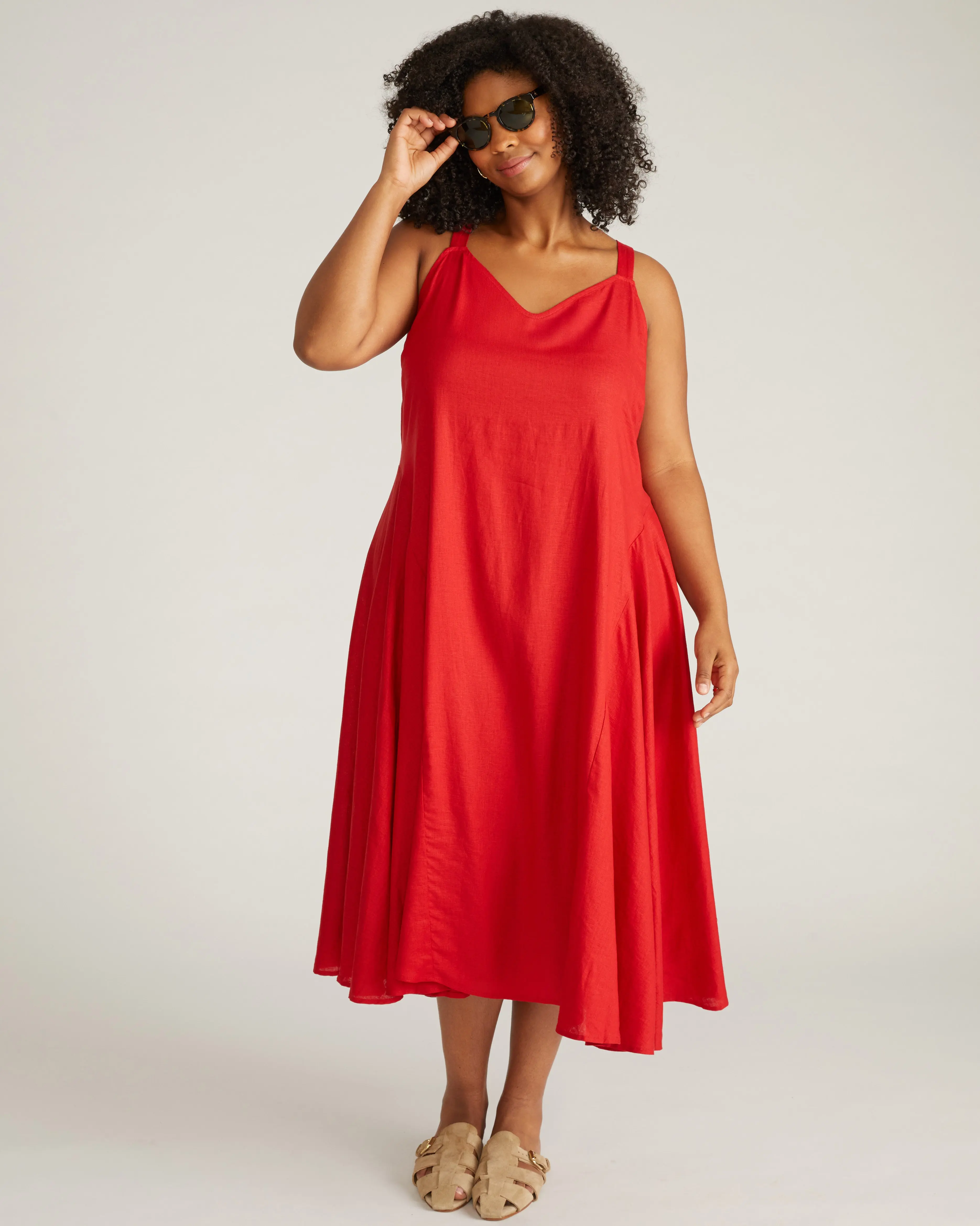 Women's Ruby Red Slip Dress with Godet Sides | Stretchy Pull-On Linen Blend with an Adjustable Smocked Back for a Casual Fit