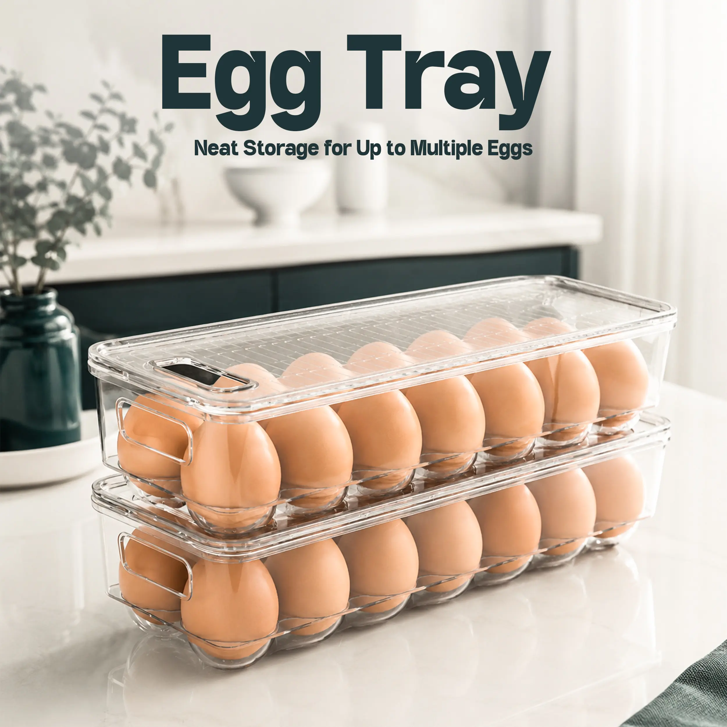 Kichly Durable Household Egg Container with Lid, Handle (2 Pack) - Stackable Fridge Storage Organizer, Kitchen Supplies Replacement