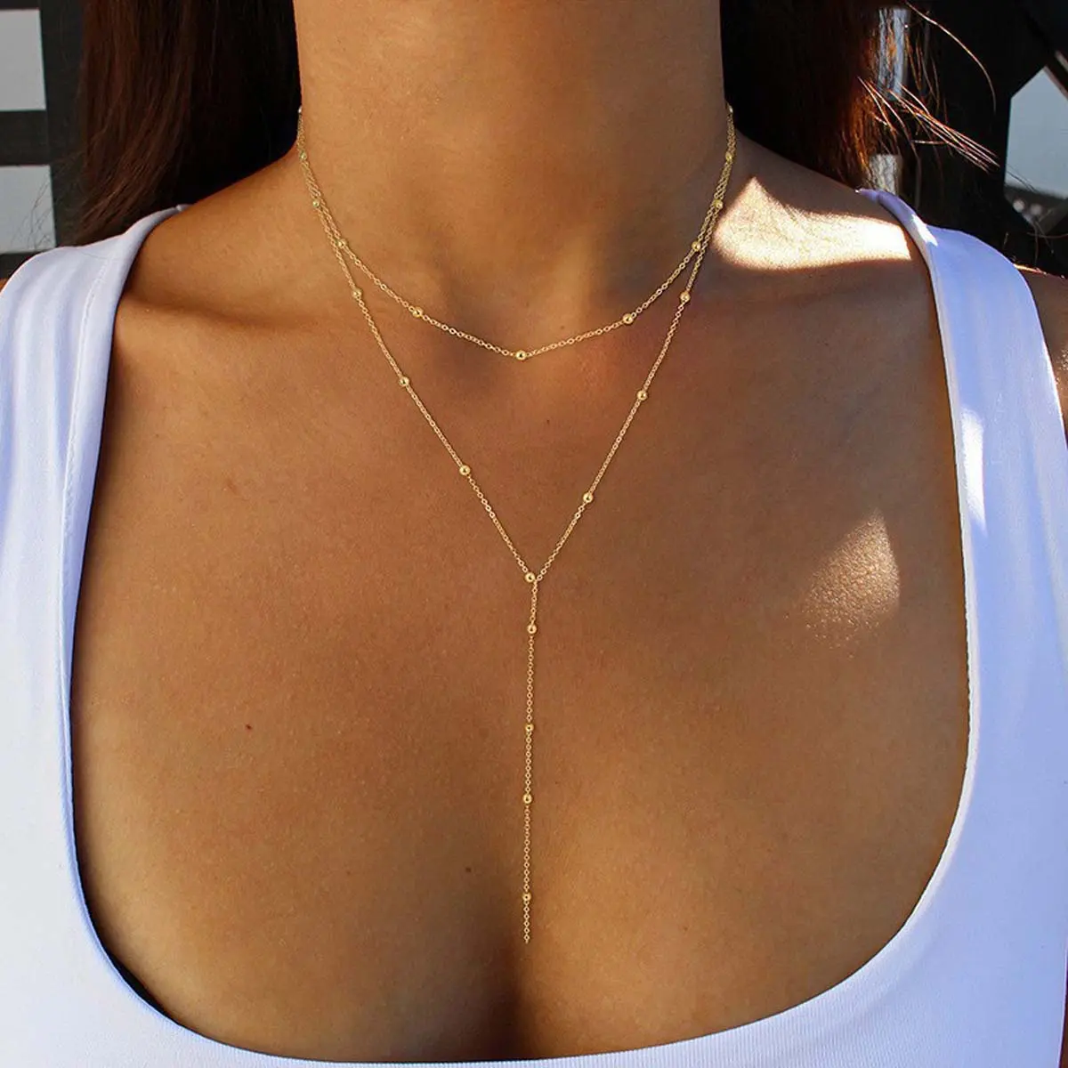 Personalized niche exquisite retro long tassel round bead multi-layer necklace retro fashion simple girls clavicle chain