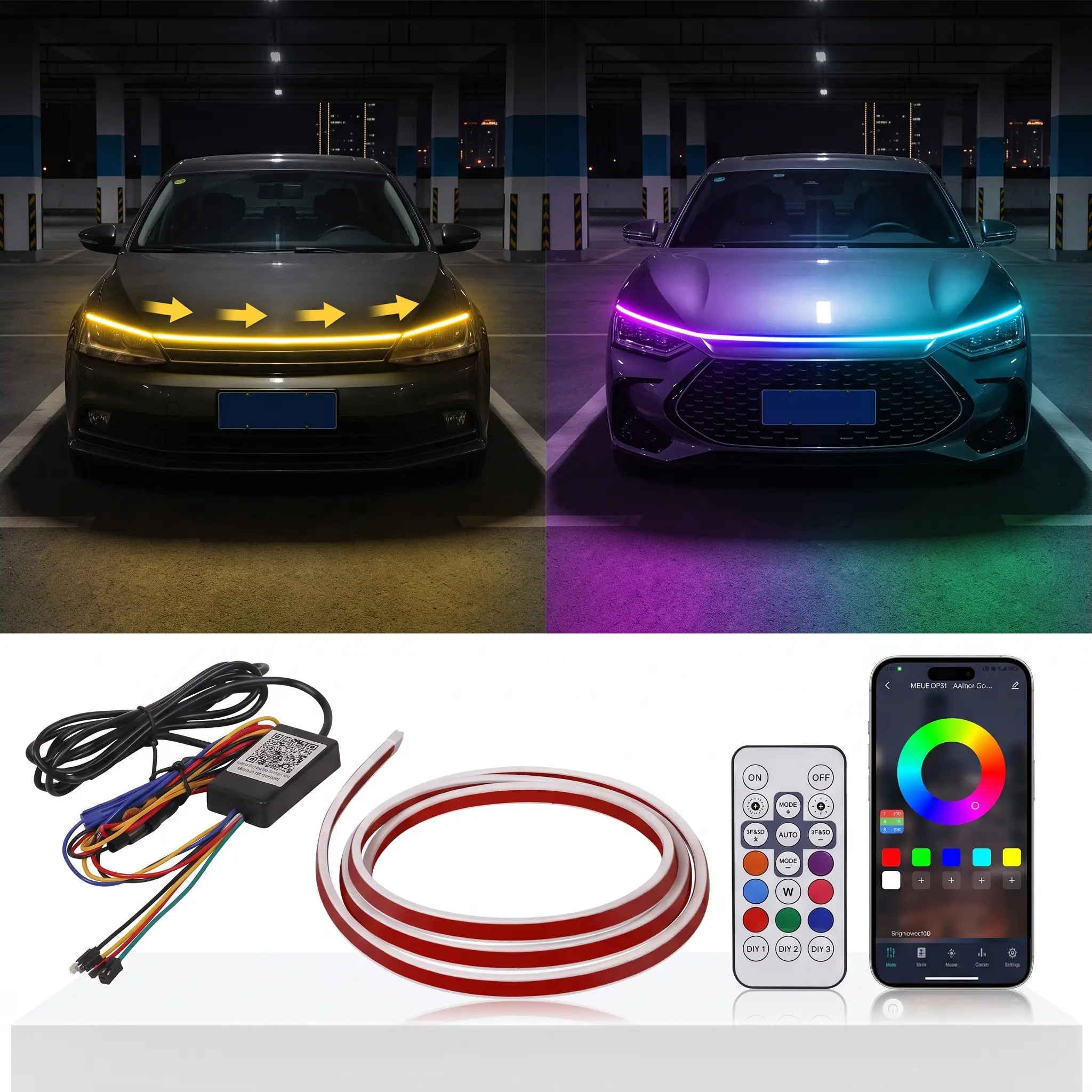 71inch RGB Dynamic LED Car Hood Light Strip App Controlled 1 Count Dynamic Scan Start Up Light Strip With Instruction And Remote Controller Waterproof Flexible Car Lights LED Car Ambient Light