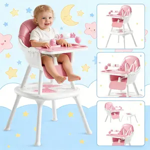 Convertible 5-In-1 Toddler High Chair, Adjustable Baby High Chair with Removable Table & Double Trays, Toy Bar, PU Cushion, Kids Activity & Building Block Play Table
