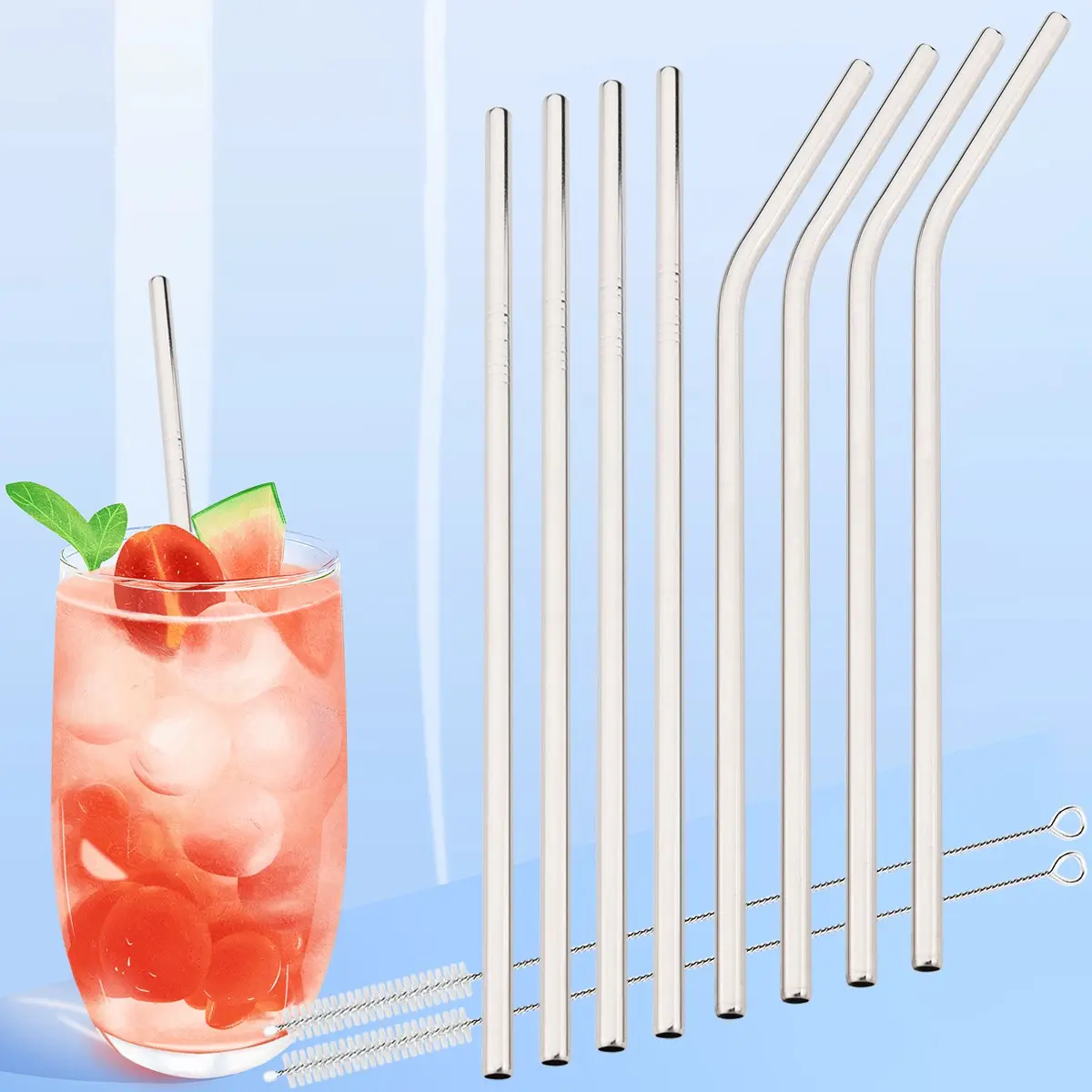 8-Piece Silver Color Reusable Straw Set, Straw Combo, Food-Grade Stainless Steel Straight & Bent Straws, Includes Cleaning Brush, Ideal for Smoothies, Coffee, Juice