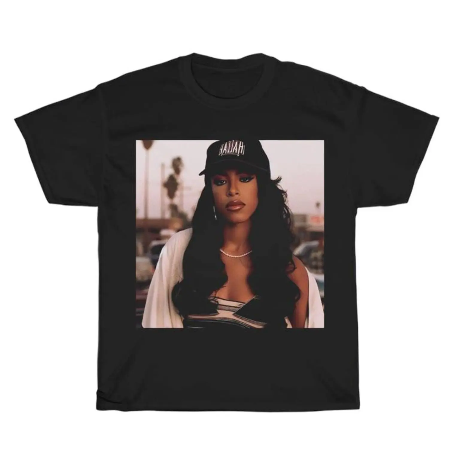 Men's Vintage Aaliyah Graphic Tshirt, 90s Pop Culture Street Fashion, Round Neck Menswear with Vibrant Print, Size L, Shortsleeve, Tops, 90S Graphic Tees