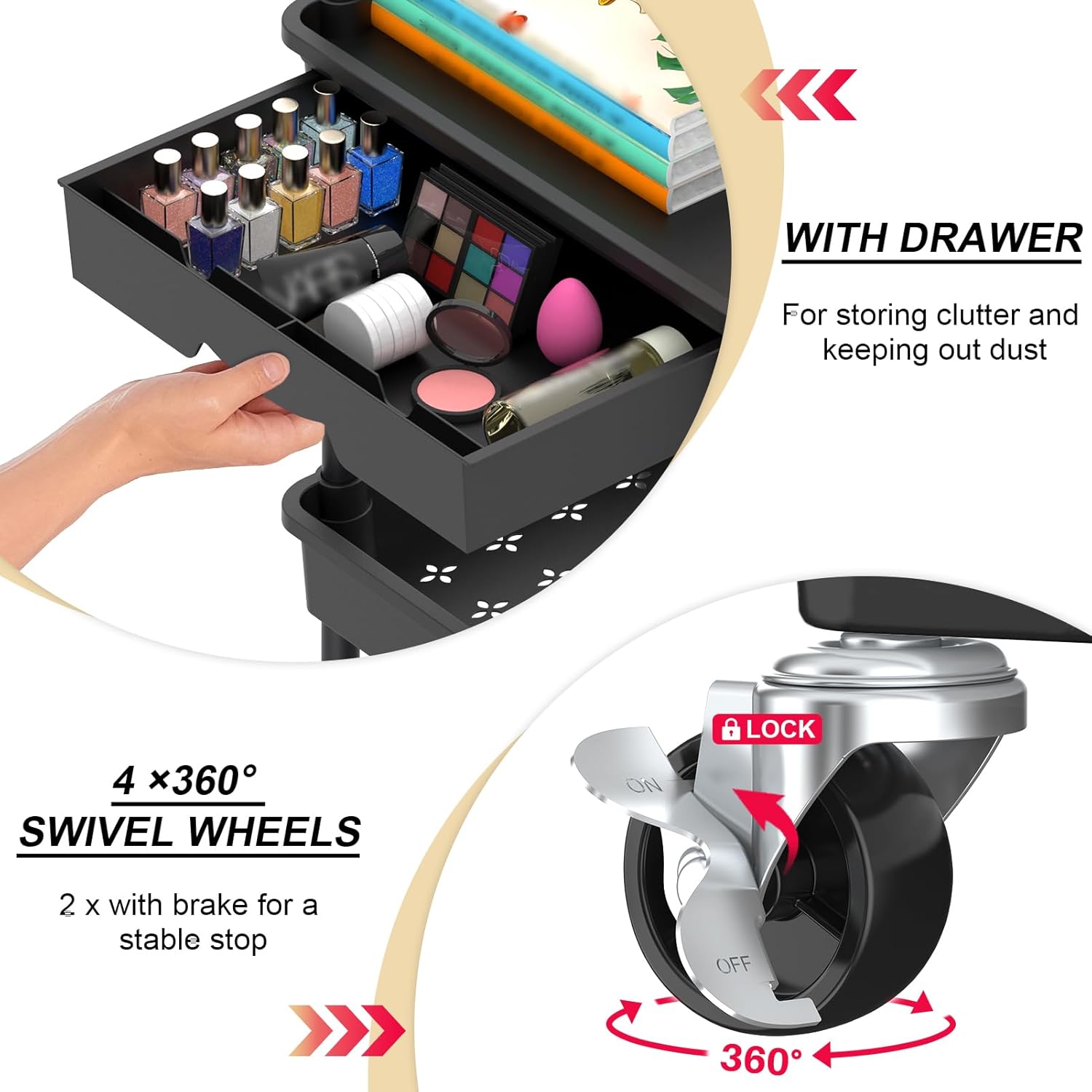 3 Tier Rolling Utility Cart Organizer with Removable Drawer, Stable and Sturdy Black Rolling Storage Carts with 2 Lockable Wheels for Bathroom, Kitchen, Snack, Craft, Makeup, Baby Essentials