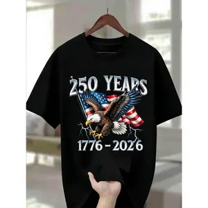 100% Men's Round Neck T-Shirt with Eagle Pattern| 250 Years 1776- 2026 United States Flag Design, Ideal for Thanksgiving, Christmas, Summer, and Casual Attire, Men's Casual Comfortable T-Shirt