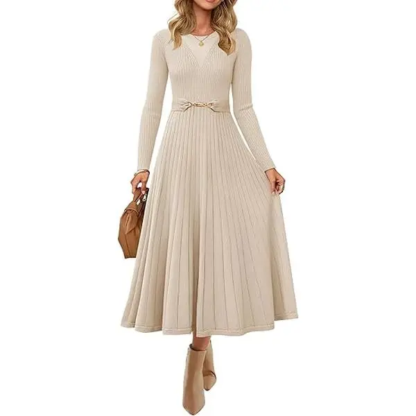 ZESICA Women's Long Sleeve Midi Sweater Dress 2026 Fall Crewneck Knit A Line Pleated Flowy Long Dresses with Belt