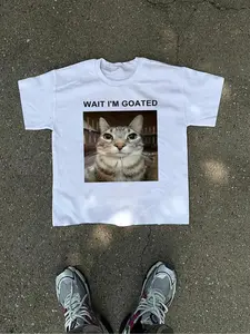 Men's Cat & Letter Print Casual Graphic Design Round Neck Tee, Regular Fit Street Fashion Casual Short Sleeve T-shirt for Daily Wear, Men's for Summer