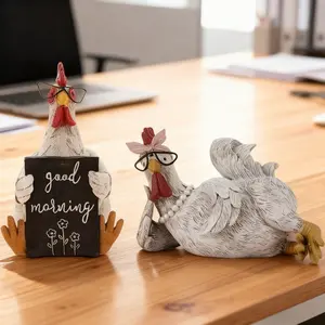 1Pc Good Morning Rooster Resin Figurine, Funny Chicken Statue with Glasses, Farmhouse Animal Decor for Home Office Desk, Pairable Couple Ornament Gift