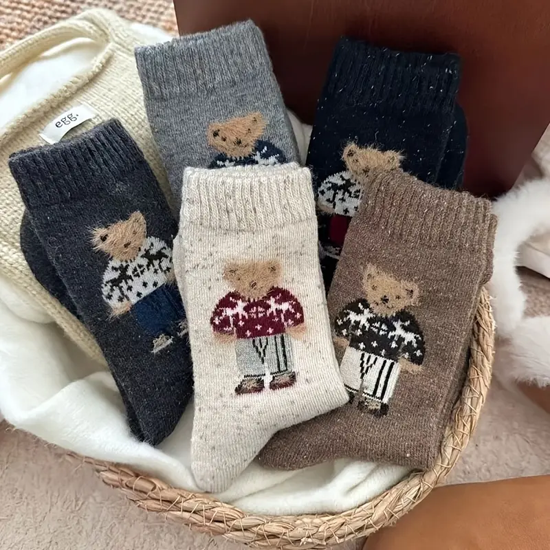 5 pairs of autumn/winter vintage flocked teddy bear comfortable mid-calf socks