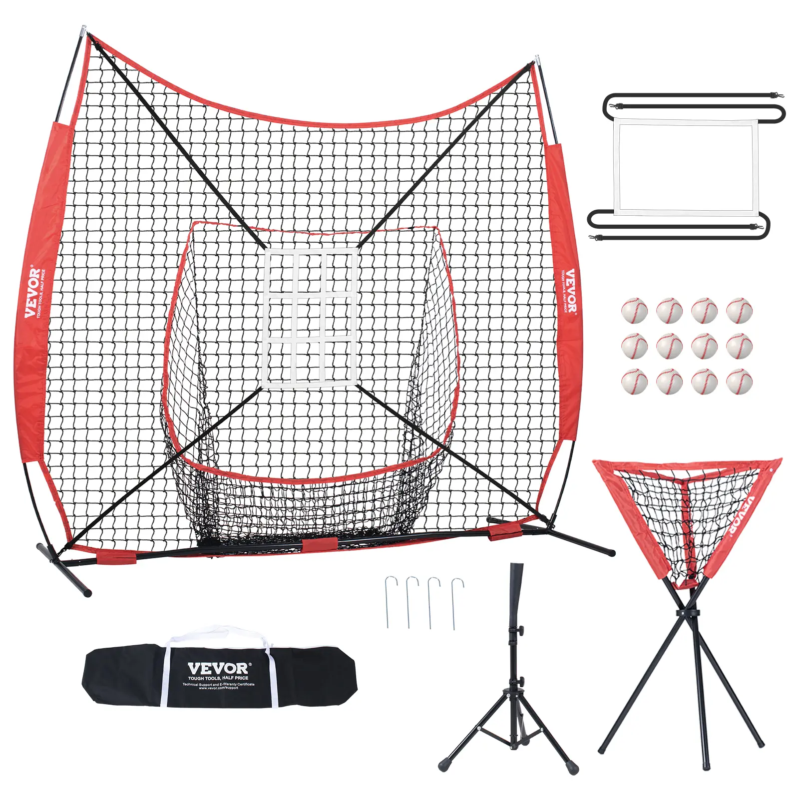 VEVOR 7x7 ft Baseball Batting Cage, Portable Softball Training Equipment with Bow Frame, Carry Bag, Strike Zone, 12 Balls, Tee, Ball Collector, Oxidation-Resistant, Even Surface, Flame-Retardant, Outdoor Weather-Resistant | Father's Day Gift Option