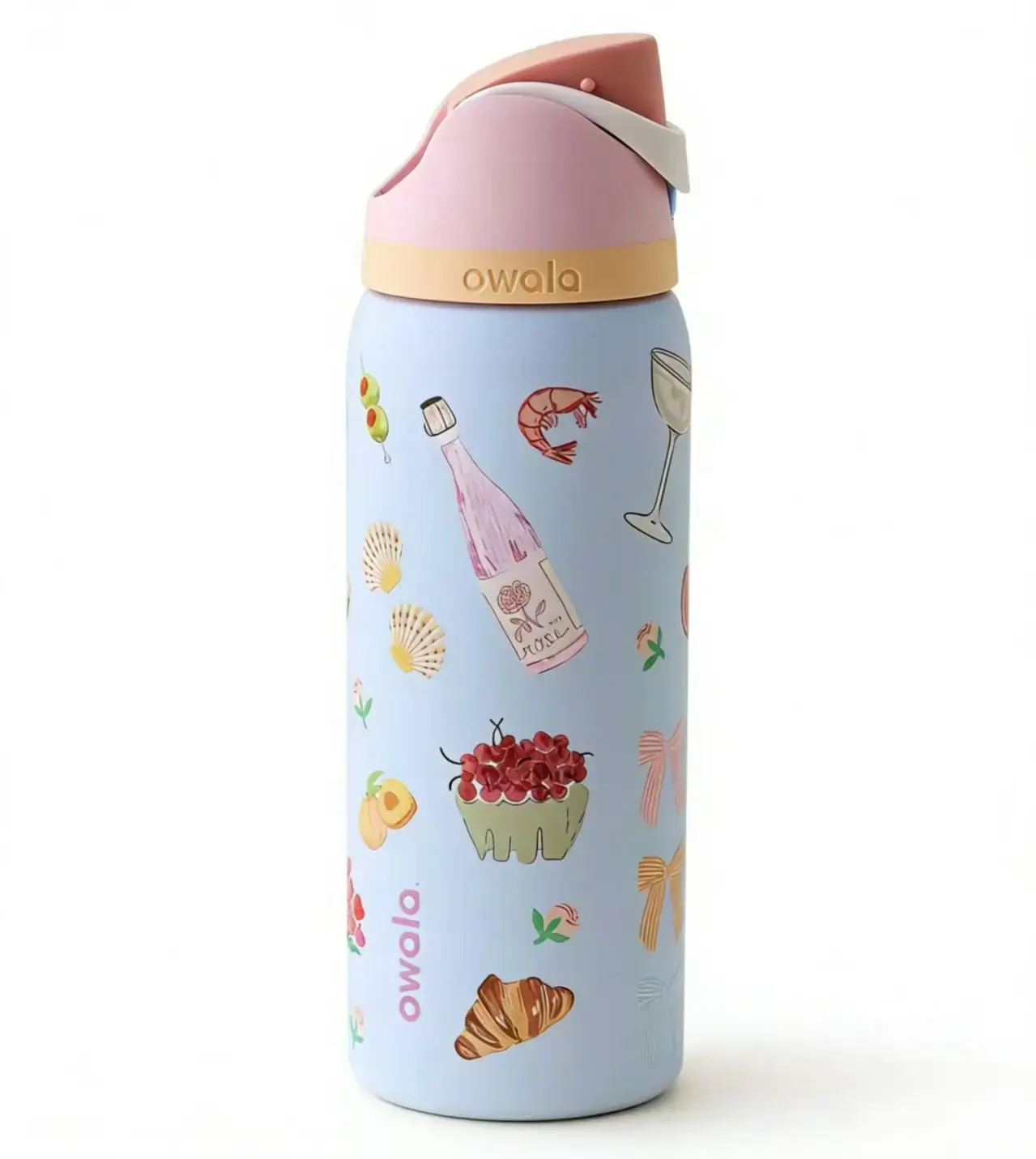 Owala 32oz Pure Copper Vacuum Flask Tumbler - Rosé & Croissant Picnic Design, Portable Bottled Drinkware, Icy Cold All Day, Floral Fashion Accessory with Bag, Glass Juice Lids, Straws & Duck Can