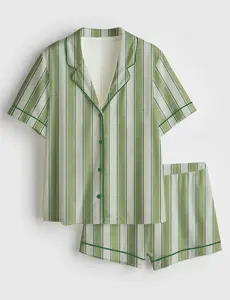 Women’s Greenery Stripe Vertical Green Beige Short Sleeve Satin Pajama Set
