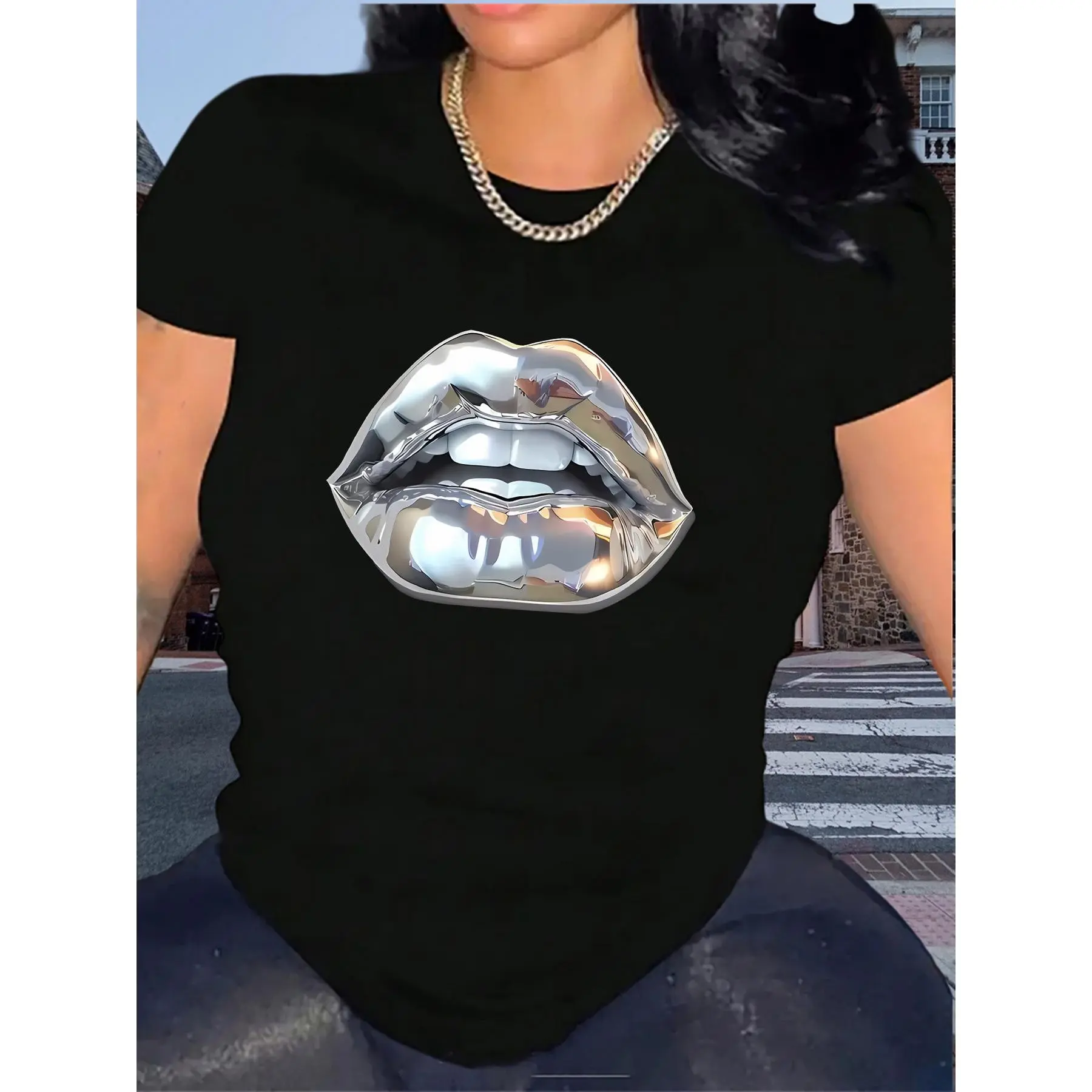 Women's 100% Cotton Short-Sleeve Crew Neck Graphic Tee with Silver Metallic Lips Print - Casual Streetwear Top, Graphic Tees Women, Streetwear Women