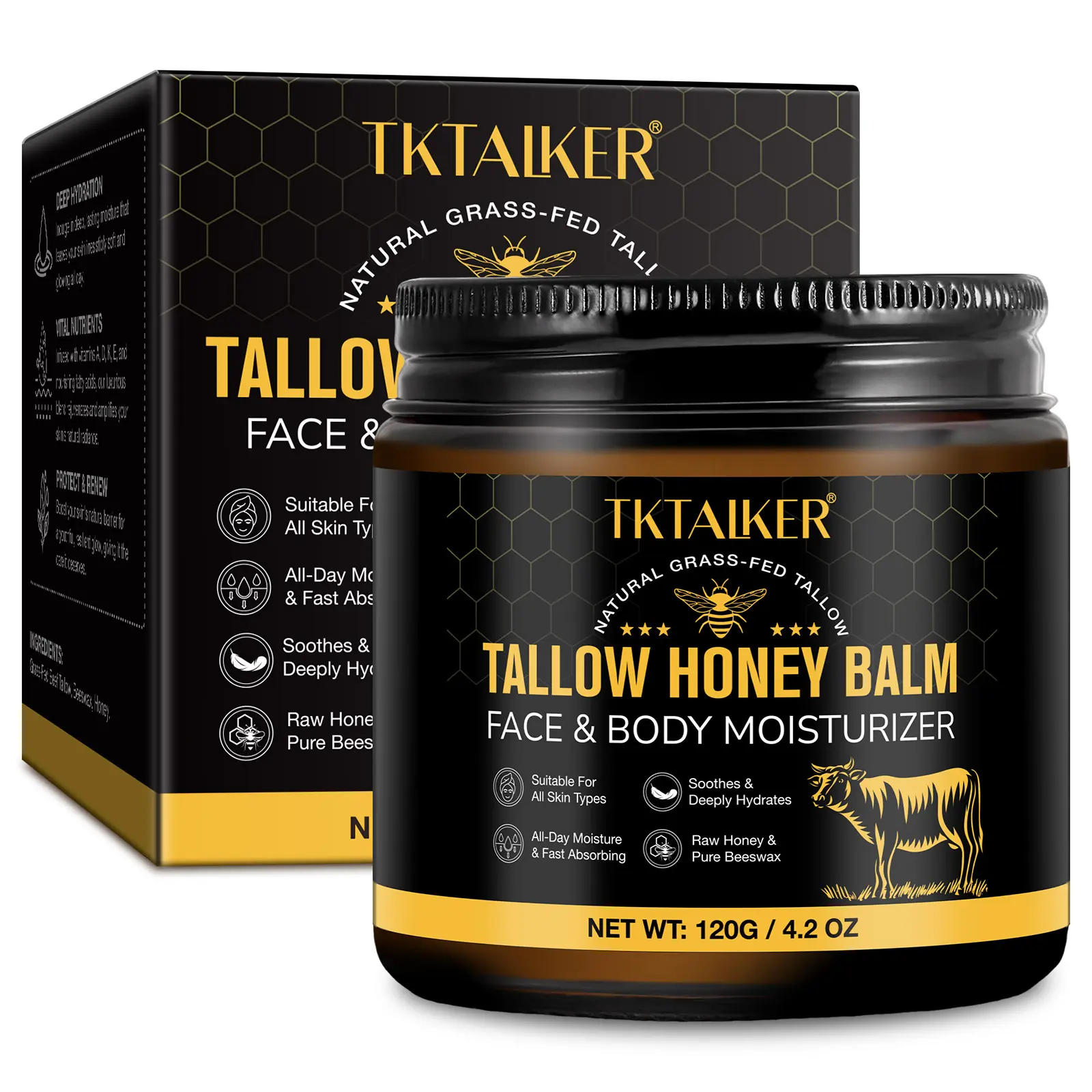 Tallow Honey Balm, 4oz All-Natural Hydrating Moisturizer with Honey & Coconut Oil for Dry Hands & Body, Handmade Body Care Salve