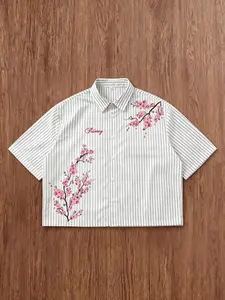 1 Pc Short Sleeve Button Down Shirt Casual Streetwear Vertical Striped Cherry Blossom Print Unisex Top for Summer Daily Wear