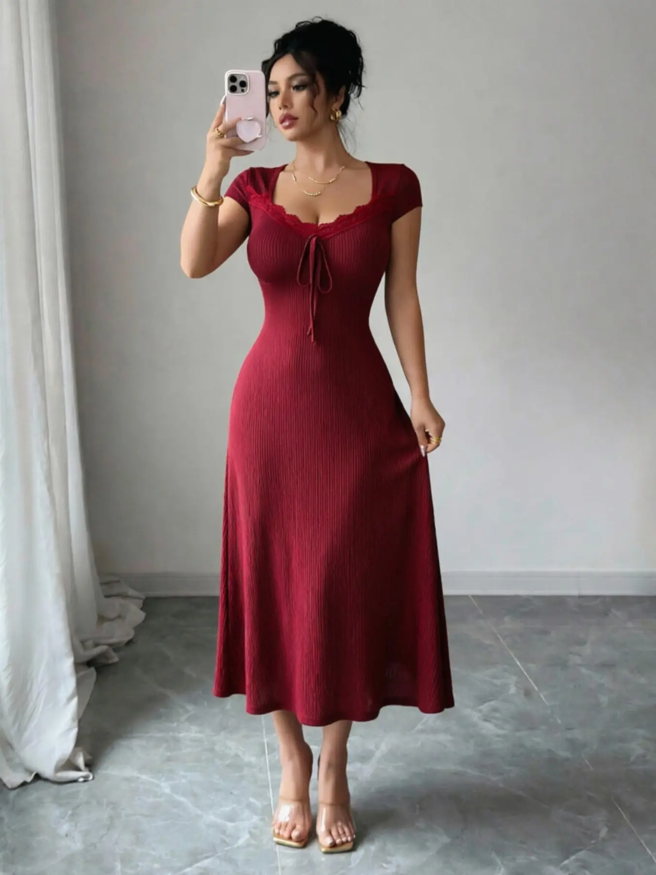 Women's Lace Patchwork Bodycon Dresses, Stretchy Ribbed Womenswear Fashion Dress, Perfect for Casual Daily Wear, Ideal Gift for Her