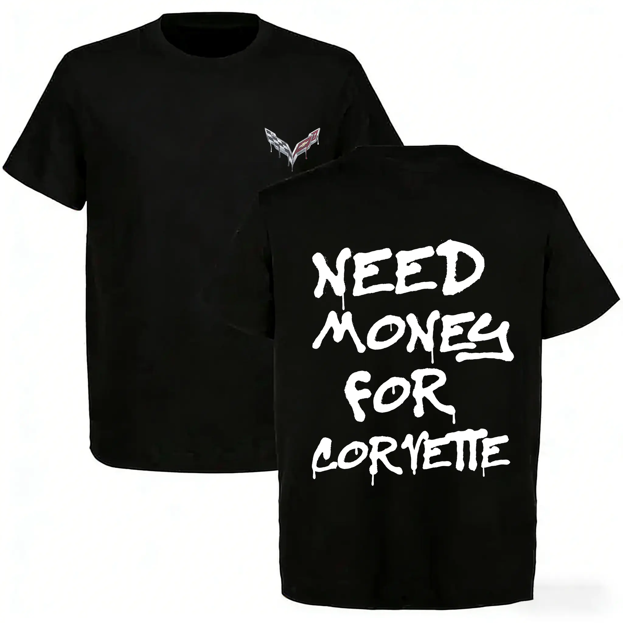 Women's 'Need Money For Corvette' Graphic T-Shirt, Casual Vintage Style 100% Cotton Top, Soft Streetwear Built to Last for All Seasons, Tops, All-Day Versatility, Anti-Stretch Shoulder-To-Shoulder Taping