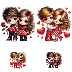Valentine's Day Kids Couple Heart Transfer Stickers, 2 Large & 2 Small, DIY Clothing Decorations, Suitable for T-Shirts, Hoodies, Bags