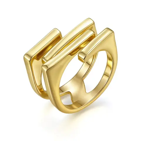 Aprilery Geometric Double Layered Unique Gold Ring, Bar Design Statement Ring, Low Side Profile Suits for Skin Inexpensive Chunky Pointer Finger Jewelry for Women