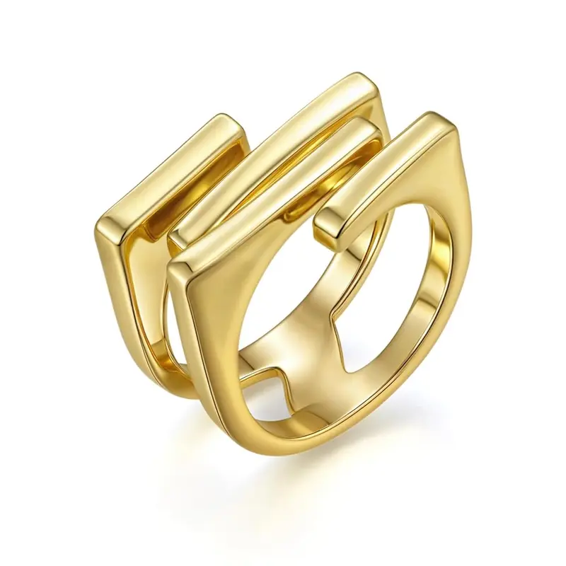 Aprilery Geometric Double Layered Unique Gold Ring, Bar Design Statement Ring, Low Side Profile Suits for Skin Inexpensive Chunky Pointer Finger Jewelry for Women