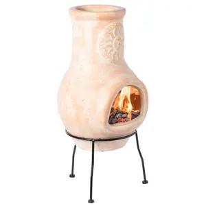 Vintiquewise QI003973NEW Outdoor Beige Clay Chiminea Outdoor Fireplace Sun Design Charcoal Burning Fire Pit with Sturdy Metal Stand, Barbecue, Cocktail Party, Family Gathering, Cozy Nights Fire Pit