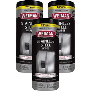 Weiman 12 oz. Stainless Steel Cleaner Wipes (3-Pack), Stainless Steel Canister Wipes, pH Neutral Formula, Clean and Polish in One Step, Protective Barrier Against Fingerprints and Smudges, Safe for Black Stainless Steel, Convenient Pre-Moistened Wipes.