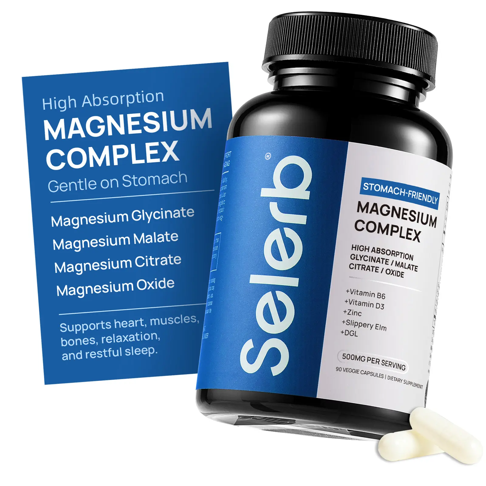Selerb Magnesium Complex 300mg – 4 Types of Magnesium with B6, D3, Zinc, Slippery Elm – Sleep, Relaxation & Muscle Support – 90 Capsules