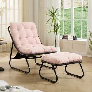 Patio Outdoor Lounge Chair with Ottoman, Comfy Sling Recliner Chair with Puffy Cushion and Foot Stool, Ideal for Living Room, Bedroom, Reading Room, Black frame with pink Cushion
