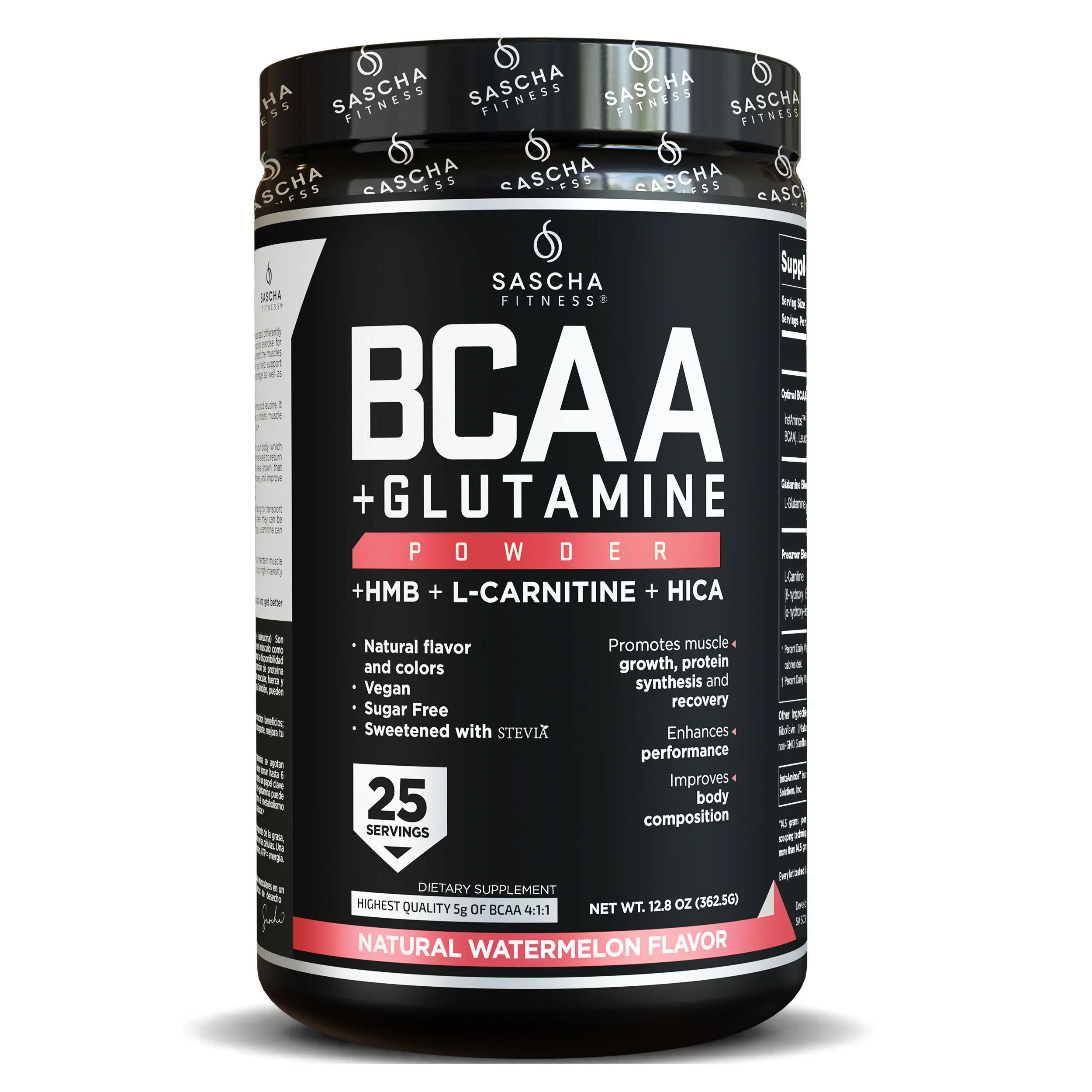 SASCHA FITNESS BCAA 4:1:1 + Glutamine,HMB,L-Carnitine,HICA | Natural Watermelon Flavor