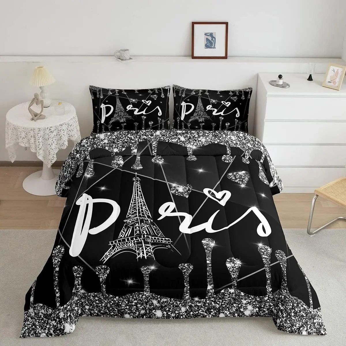 Eiffel Tower Designer Microfiber Comforter Set - Paris Black-Diamond Sweetheart Comforter, Luxury Decorative Bedding Set, Microfiber Bedding Set