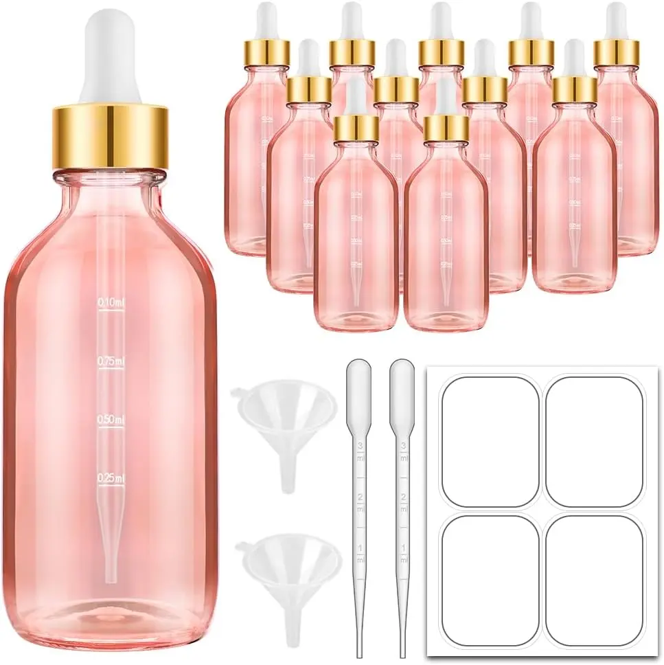 Pink Dropper Bottles 4oz,  Oil Bottles for Hair Glass Eye Dropper Bottle for Essential Oils with Labels and Funnels, 12 Pack Tincture Bottles with Golden Top (Plastic Dropper with Measurements)