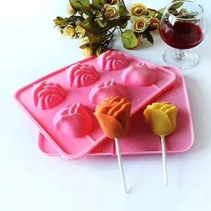 Romantic Rose Lollipop Silicone Mold 6-Cavity 3D Flower DIY Chocolate Ice Cream Cheese Stick Mould Food Grade Heat Resistant Reusable Mold Silicone Baking Molds