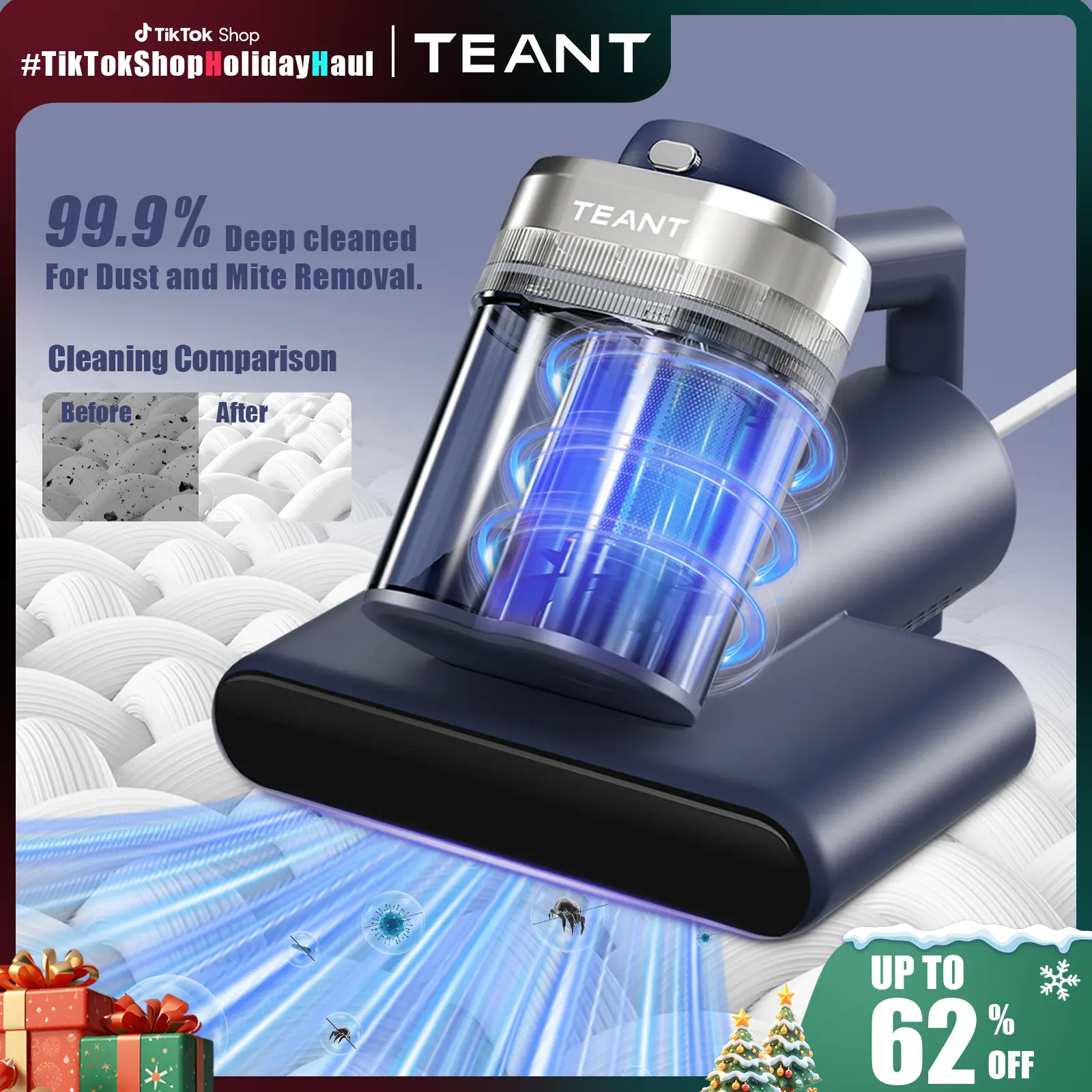 【Teant】 Mattress Vacuum Cleaner for Dust Mites Removal, Bed Vacuum with UV-C Light & 149°F Hot Air & Aroma Tablet & LED Display, 16Kpa Powerful Suction Double-Cup Handheld Vacuum Cleaner With HEPA Filter for Bed, Couch, Sofa, Carpet Deep Cleaning Machine