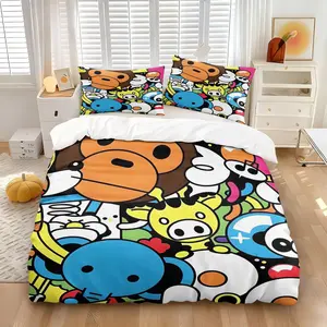 Colorful Cartoon Animal Monkey Collage Duvet Cover Set (1 Duvet + 2 Pillowcases, No Core), Soft Breathable Fabric, All-Season Cute Street Style Bedding for Kids Bedroom, Bedding Sets