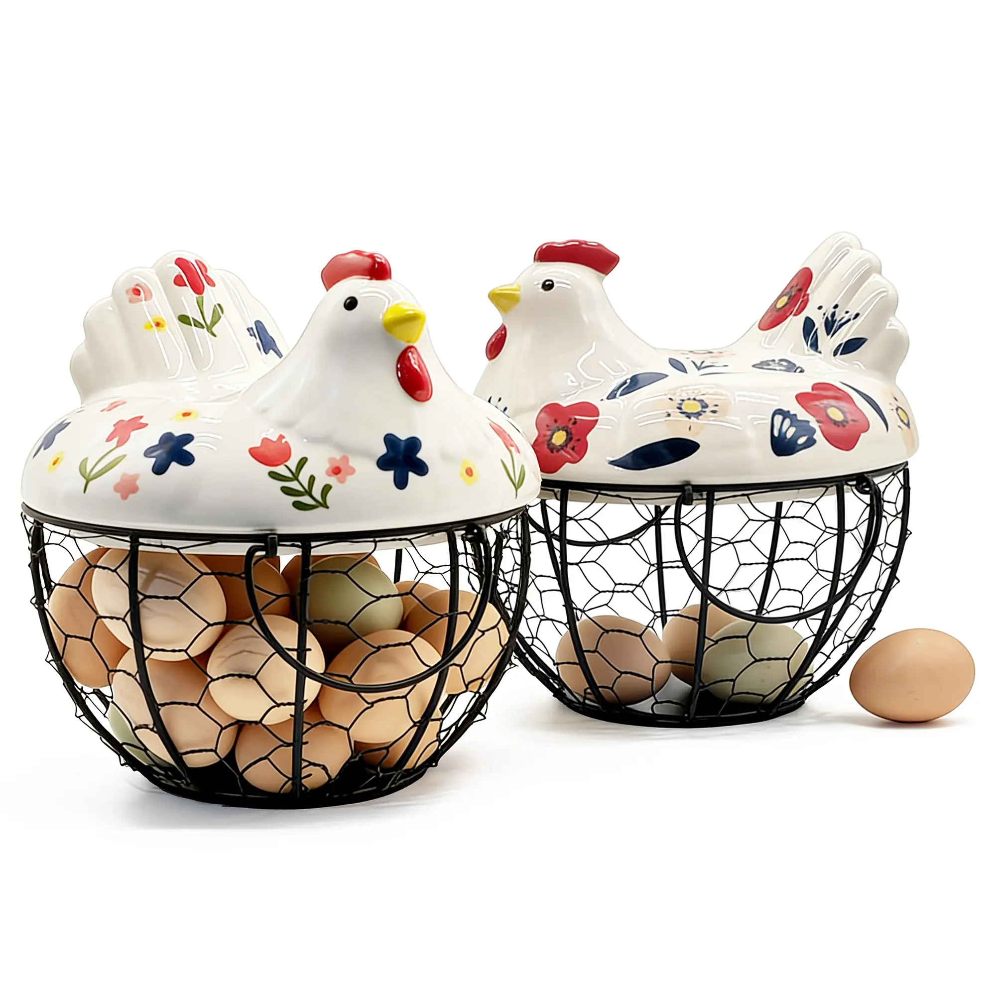 Ceramic Chicken Egg Basket Equipped With Breathable Metal Wire Frame & Protective Lid, Multi-Purpose Kitchen Countertop Storage Organizer For Fresh Eggs, Fruits And Daily Kitchen Small Supplies, Rustic Farmhouse Home Decor Container For Country Kitchens
