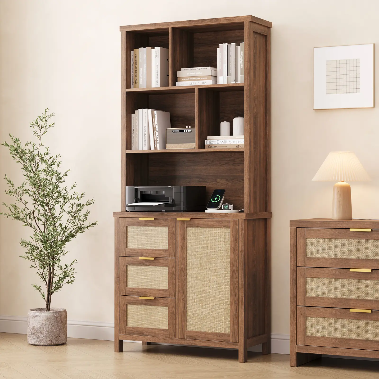 FUSOU 71" Tall Stable Rattan 5-Cube Bookshelf with Built-in Charging Station, 3 Rattan-Detailed Drawers, Farmhouse Wall-Standing Floor Unit for Home Office, Living Room, Walnut, Assembly Required, Storage