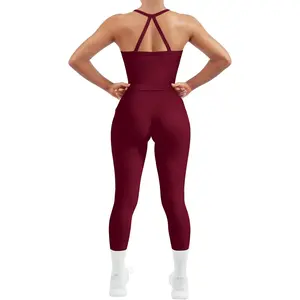 Women 2 Piece Workout Sets Compression Tummy Control Leggings with Pockets Halter Built in Bra Tank Tops