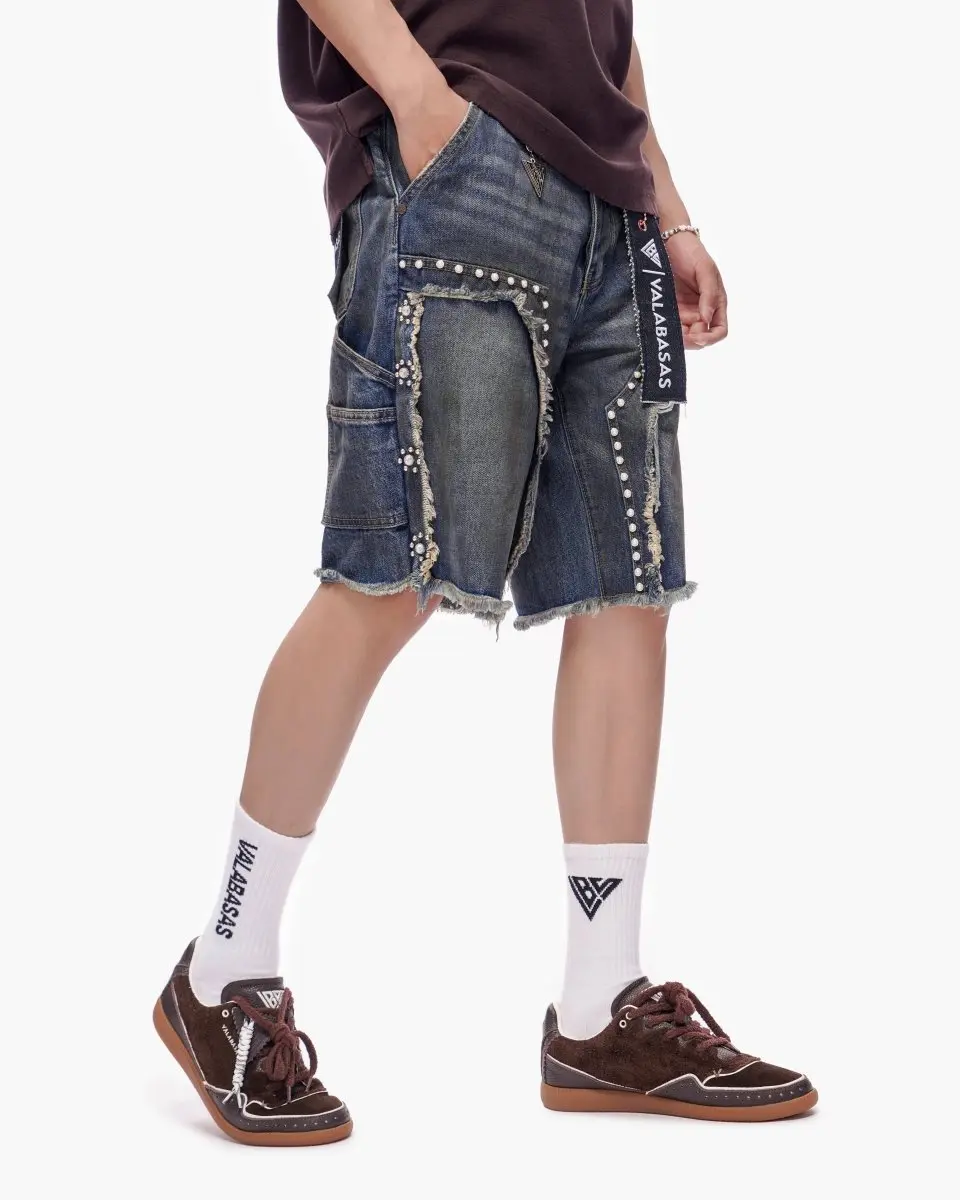 Women's Relaxed Fit Distressed Denim Shorts - Cotton Cargo Bottoms with Rhinestone Details and Raw Hem, Button, Pocket, Everyday, Denim Fabric, Style, Clothes, Casual, Panel Detail, Rhinestones, Cotton Denim
