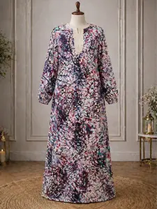 Women's Chic Fashion Lady Longsleeves Elegant Modest Floral Maxi Dress - Loose Fit, Pull-On Style, Comfortable Breathable Fabric, Full-Length Casual Wear