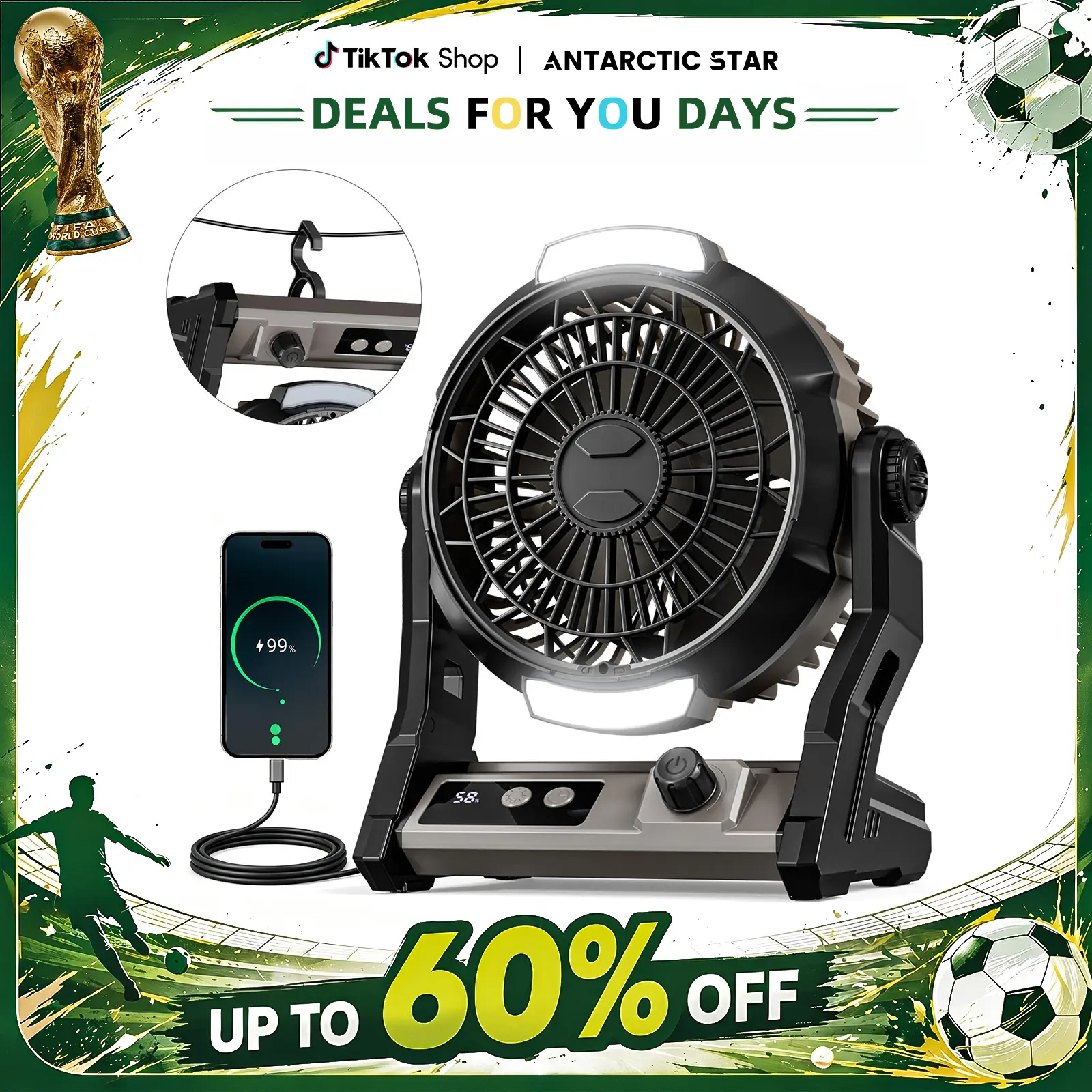 [Clearance Sale]Antarctic Star Camping Fan with 100 Wind Levels, 10000mAh, 7-25H Runtime, Two-Level Night Light & 4 Timer Options – 3-in-1 Design (Desktop/Wall-Mounted/Hanging) – Power Bank Function for Emergency Charging – Portable Rechargeable Fan