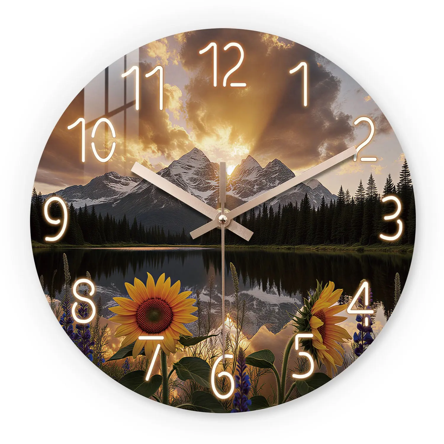 Natural Scenery Mountain Lake Sunset Sunflower Wooden Wall Clock, Silent 10-24 Inch, Aa Battery Powered, for Living Room Bedroom Office, Led Wall Clocks