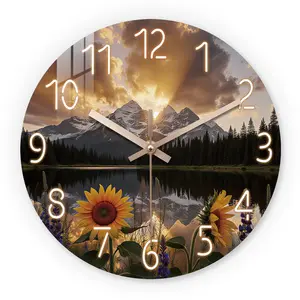 Natural Scenery Mountain Lake Sunset Sunflower Wooden Wall Clock, Silent 10-24 Inch, Aa Battery Powered, for Living Room Bedroom Office, Led Wall Clocks