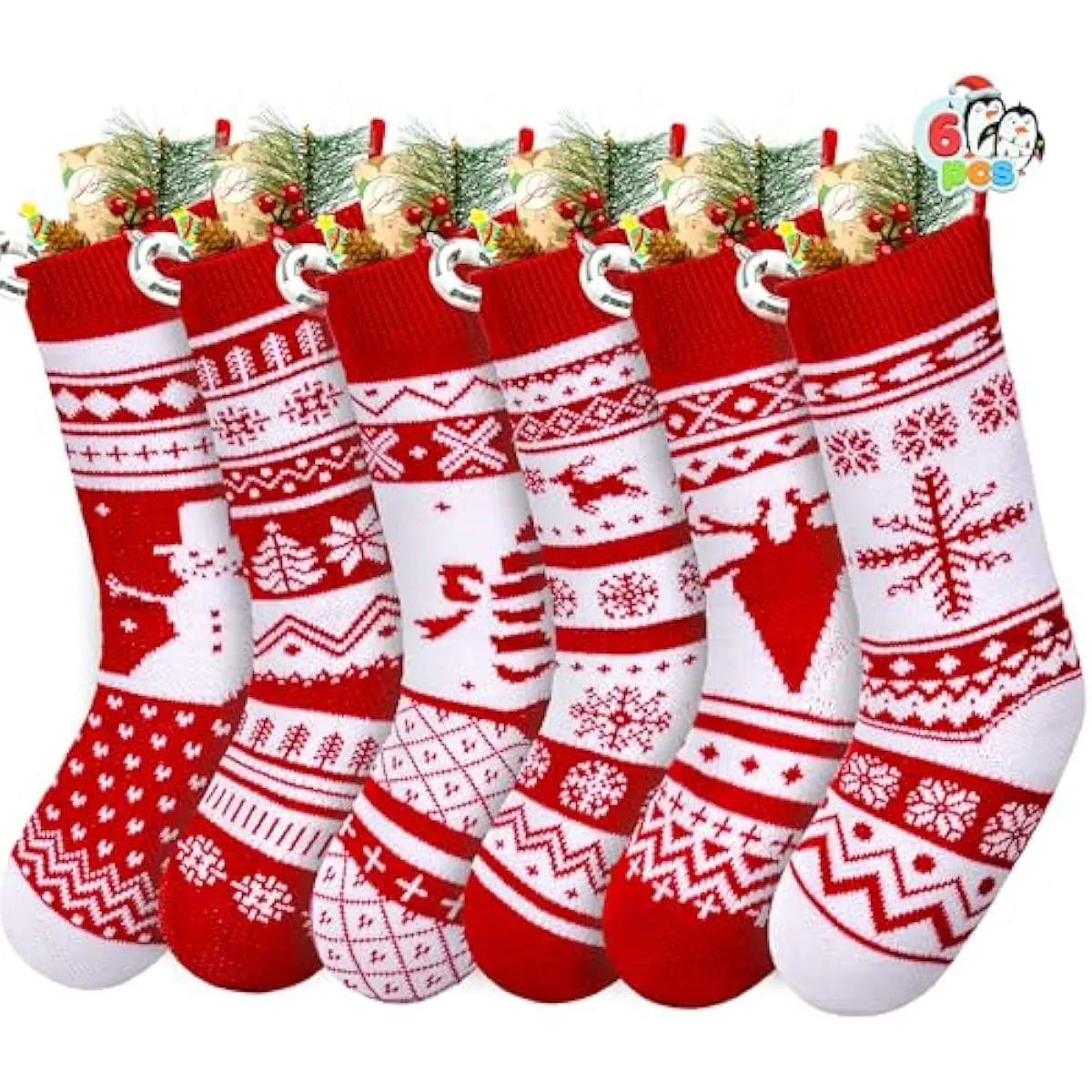 6 Pack 18" Christmas Knit Stockings, Large Rustic Yarn Xmas Stockings Bulk, Cable Knit Xmas Stockings with Snowflake Snowman Reindeer Character for Christmas Tree Fireplace Holiday Decorations