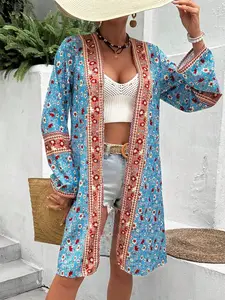 Bohemian Retro Blue Floral Ethnic Border Long Resort Cardigan Y2K Baddie Blue Floral Ethnic Border Long Resort Cardigan Fresh Relaxed Blue Floral Ethnic Border Long Resort Cardigan Womenswear