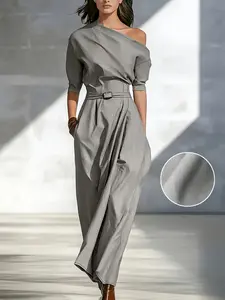 This Asymmetrical Maxi Dress is Minimalist Luxury Vibes Elegance Formal Off Shoulder Belted Draped Dress with Pocket