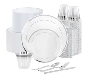 Elama 600 Pc Disposable Dinnerware Set for 100 in White Silver