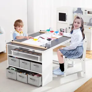 【GARVEE】Wooden Art Table & Chairs Set with Storage Bins and Portable Organizer, Perfect for Crafts, Study, and Play, Available in Grey and Yellow+White Colors
