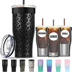 Universal Iced Coffee Sleeve - Upgraded Double Wall  Stainless Steel Holder Sleeves Insulator for Cold Drinks Fits  Dunkin Donuts McDonalds Small Medium Large Cup (Black Leopard)
