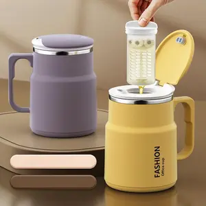 Tea Infuser Mug with Leak-Proof Lid & Built-in Strainer - Dual Compartment Tea/Coffee Cup for Loose Leaf Brewing, Office & Travel, Ergonomic Handle, Lavender & Mustard Yellow, Travel Drinkware, Modern Drinkware Tumbler Reuse Flip Cover White